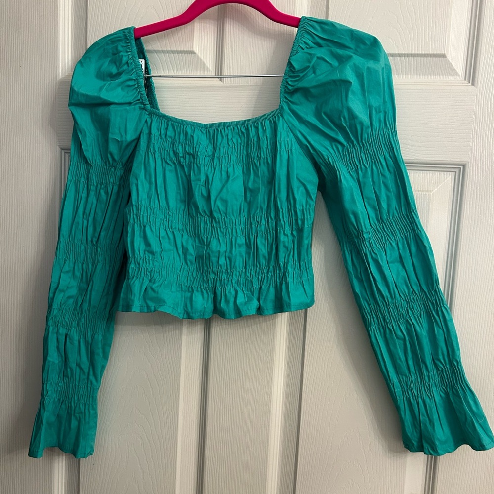 BooHoo smocked crop top in teal